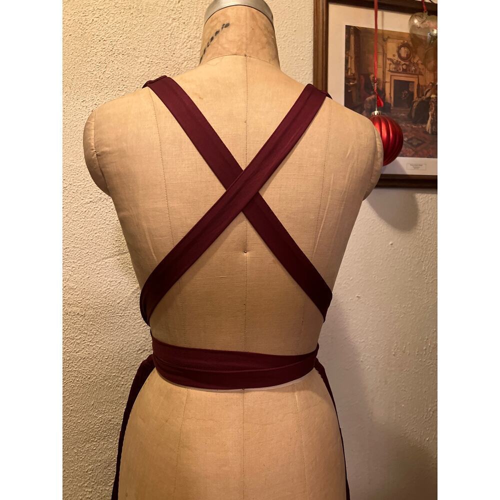 Deep V-Neck Cross Back Fringed Skirt Romper Jumpsuit Burgandy Size L - Picture 5 of 16